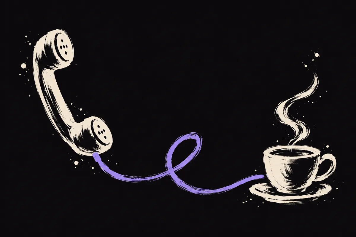 Ink drawing of a telephone and a coffee cup, joined by a violet brushstroke