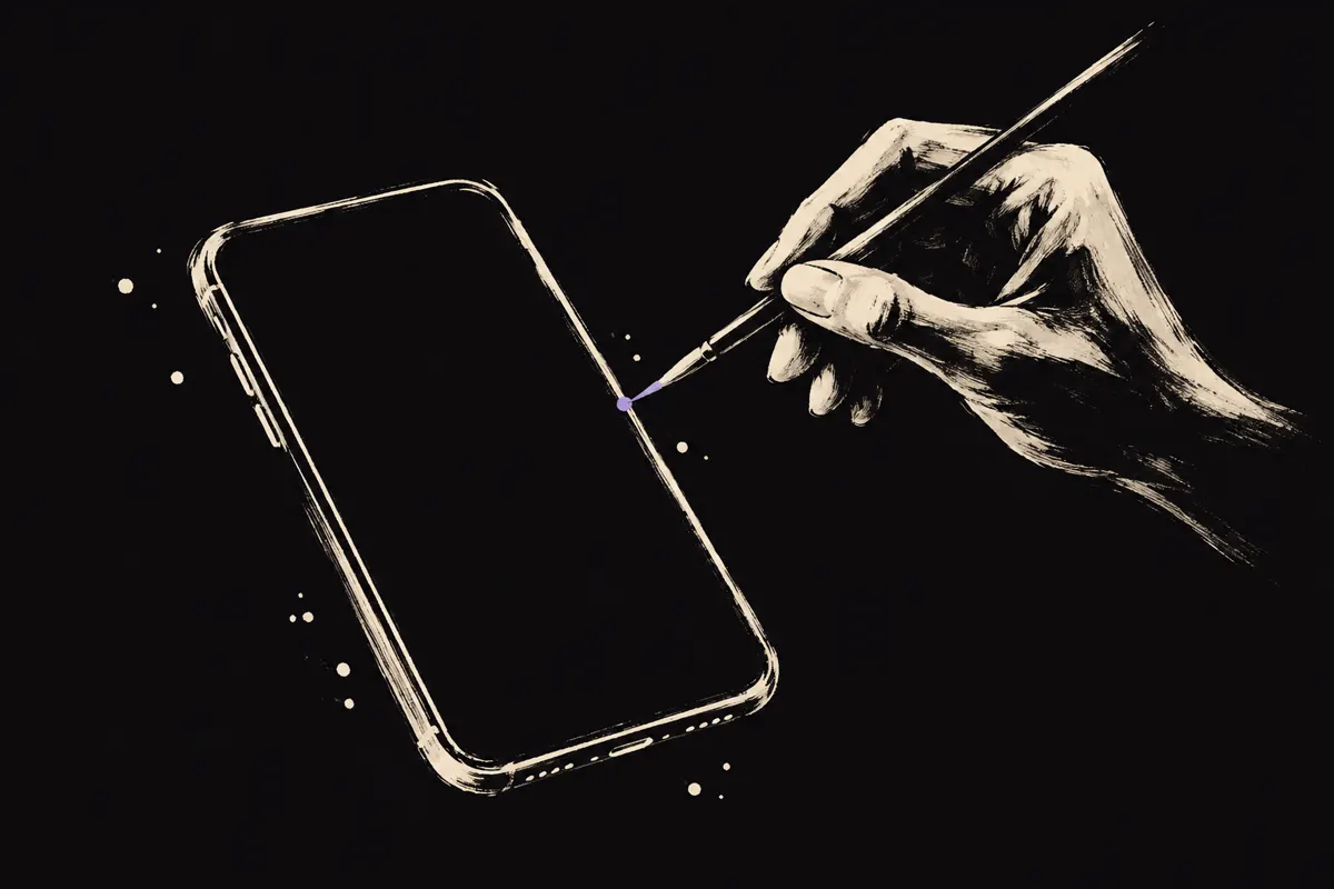 Ink drawing of a hand making a tiny correction on a phone screen with a fine brush